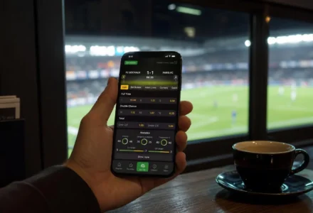 Main sujet: smartphone affichant une app de pronostics football en façade, dans un café près d’un stade; tasse de café sur une table en bois. Intègre: meilleur application pronostic foot.