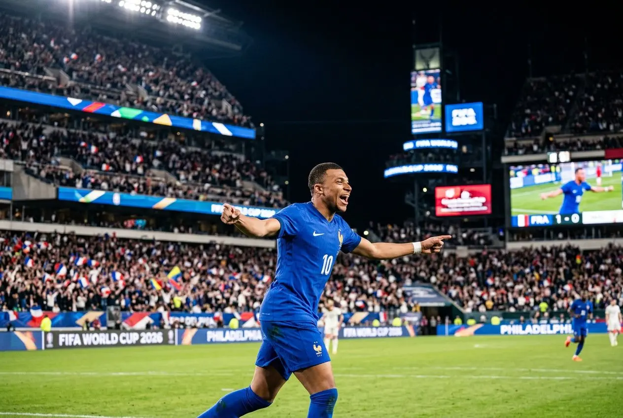 Mbappé célèbre sur le terrain lors du France-Irak en Coupe du Monde, devant une grande foule au stade, ambiance nocturne, élan victorieuses. france irak coupe du monde