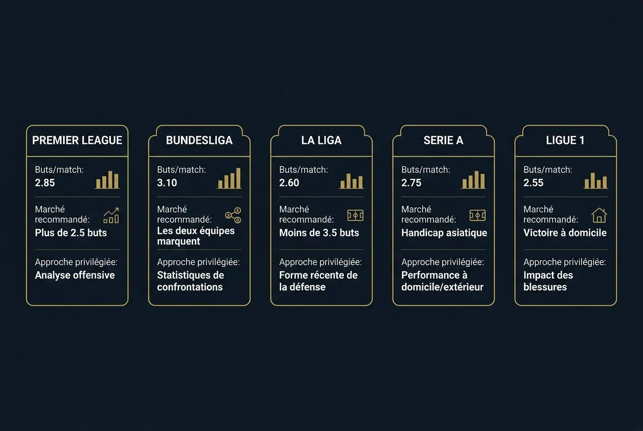 Meilleur ia pronostic foot aujourd’hui : affichage de panneaux de ligues (Premier League, Bundesliga, La Liga, Serie A, Ligue 1) avec conseils et statistiques.