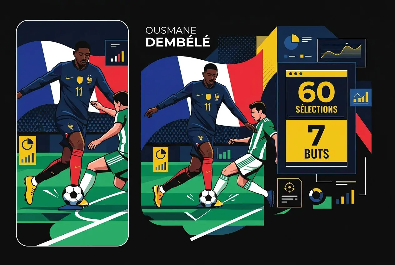 Ousmane Dembélé en action lors d’un match, avec statistiques affichées (60 sélections, 7 buts) et éléments graphiques sur les s.