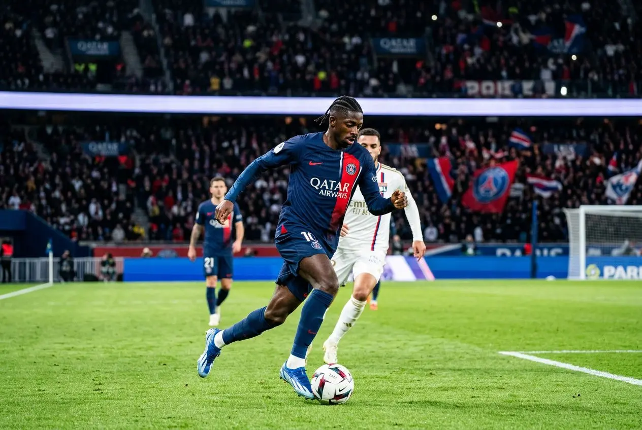 Ousmane Dembélé en action sur le terrain lors d’un match, dribbliant le ballon avec effort.