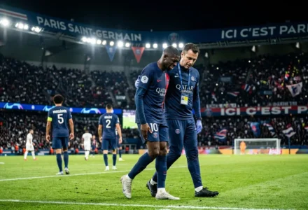 Ousmane Dembélé blessure: deux joueurs du PSG à l'entraînement sur le terrain, ambiance de stade et tribunes lumineuses en arrière-plan.