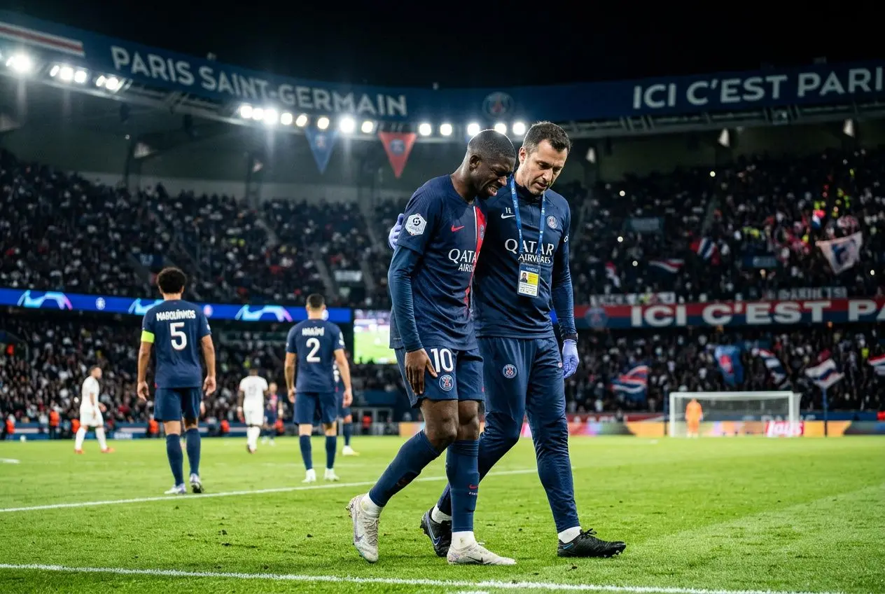 Ousmane Dembélé blessure: deux joueurs du PSG à l'entraînement sur le terrain, ambiance de stade et tribunes lumineuses en arrière-plan.
