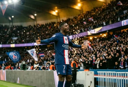 Ousmane Dembélé celebrant sur le terrain du PSG, bras ouverts, devant le stade bondé et les confettis en arrière-plan. ousmane dembélé statistiques cette saison