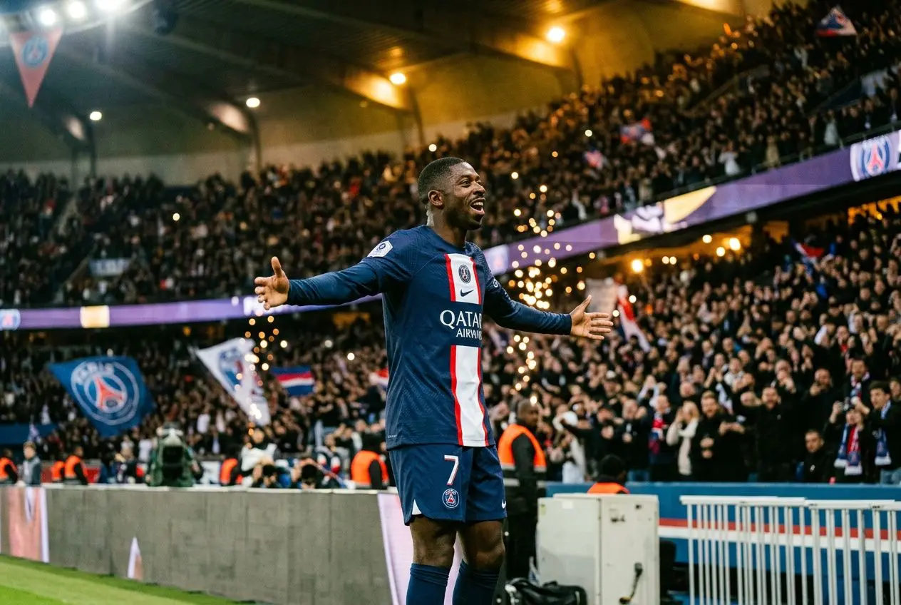 Ousmane Dembélé celebrant sur le terrain du PSG, bras ouverts, devant le stade bondé et les confettis en arrière-plan. ousmane dembélé statistiques cette saison