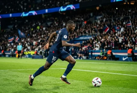 Ousmane Dembélé footballeur en action sur le terrain, portant le maillot bleu du PSG, contrôle le ballon près de la ligne de touche.