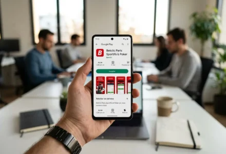 Personne tenant un smartphone affichant l’app Betclic Paris Sports & Poker sur Google Play, en bureau avec d’autres personnes et ordinateurs.