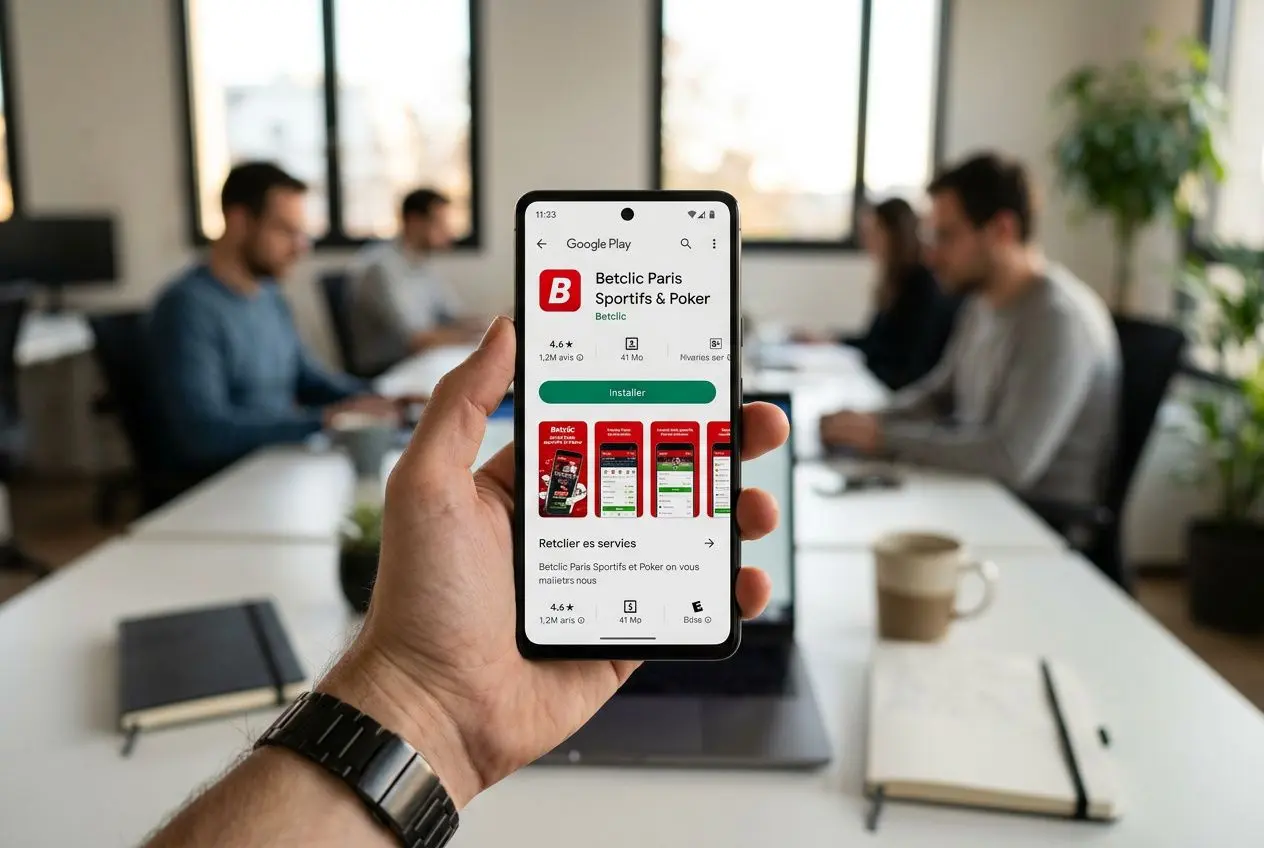 Personne tenant un smartphone affichant l’app Betclic Paris Sports & Poker sur Google Play, en bureau avec d’autres personnes et ordinateurs.