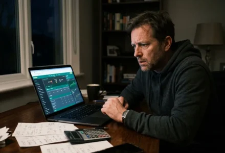 Physique concentré devant un laptop affichant des données de paris sportifs, à côté de papiers et d’une calculatrice. pourquoi je perds toujours aux paris sportifs est exploré.