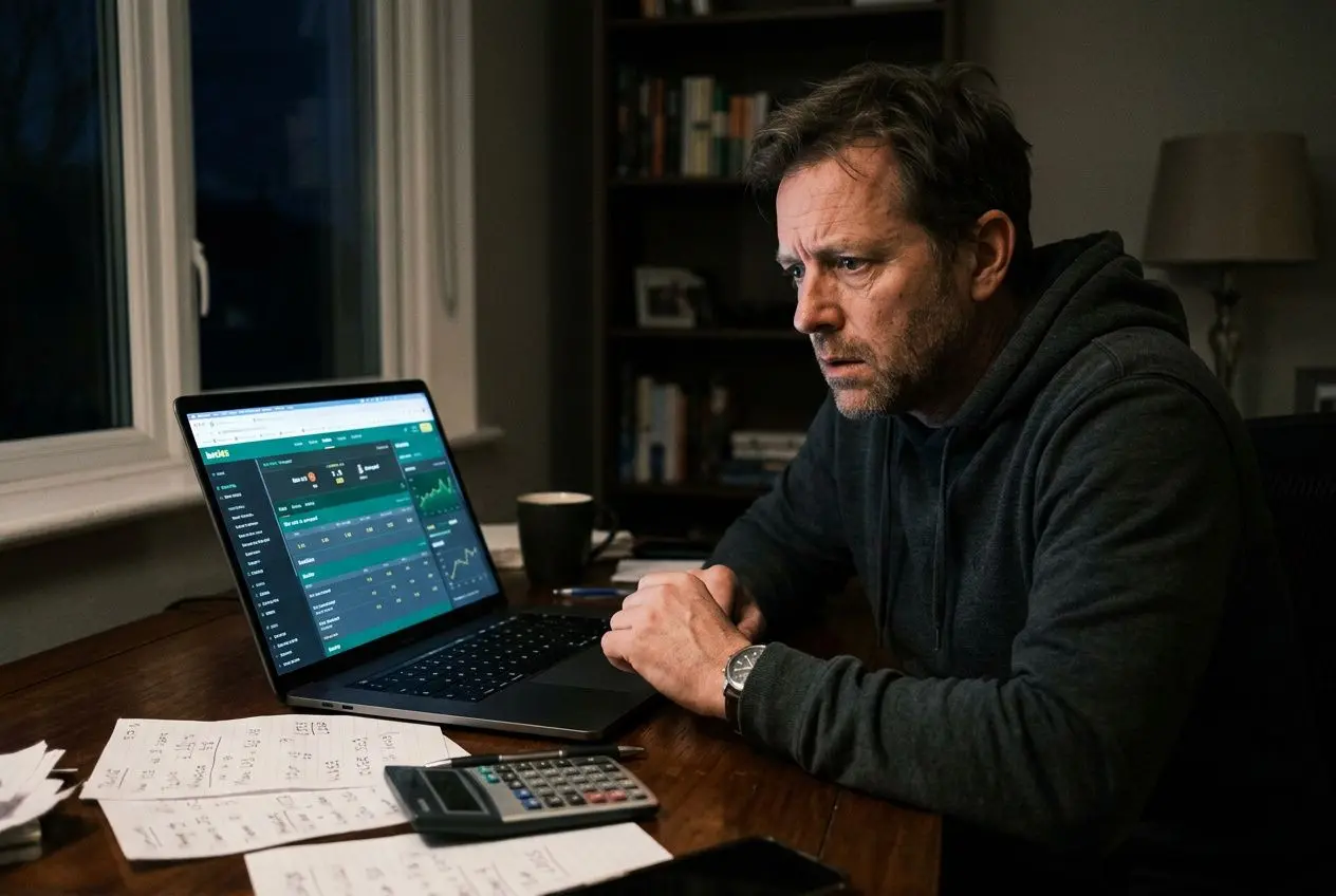 Physique concentré devant un laptop affichant des données de paris sportifs, à côté de papiers et d’une calculatrice. pourquoi je perds toujours aux paris sportifs est exploré.
