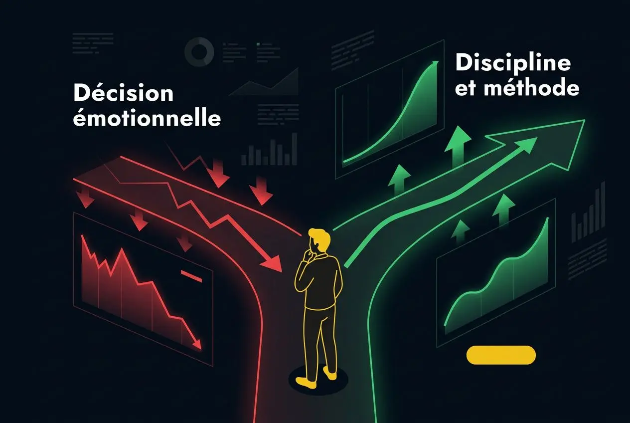 Pourquoi je perds toujours aux paris sportifs : pourquoi l’image montre une personne hésitante au croisement de chemins, entre graphiques rouges en chute et courbes vertes ascendantes, symbolisant les décisions et méthodes.