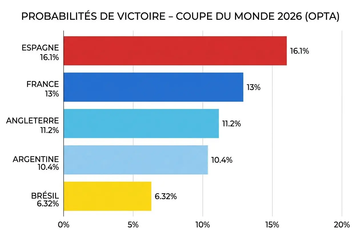 Probabilités de victoire : coupe du monde 2026: Espagne en tête à 16,1%, France 13%, Angleterre 11,2%, Argentine 10,4%, Brésil 6,32% (OPTA). Cote france vainqueur coupe du monde 2026 intégrée.