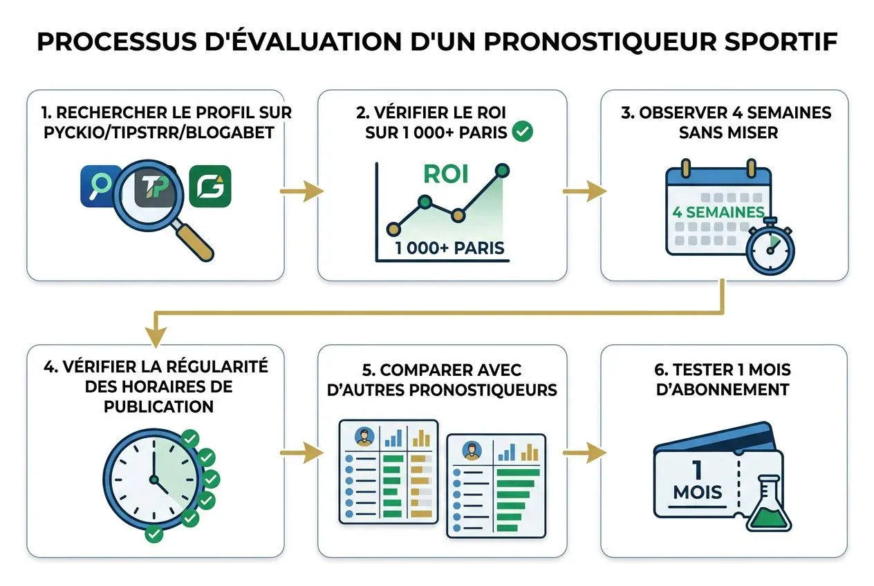 Processus d'évaluation d'un pronostiqueur sportif, intégrant le critère comment choisir bon pronostiqueur, avec étapes et ROI affiché.