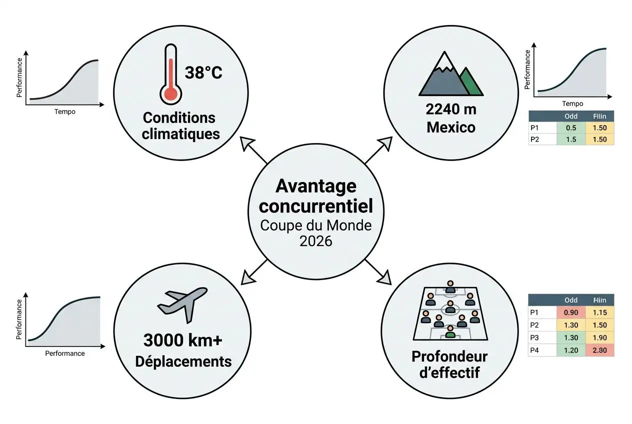 Pronostic coupe du monde 2026 tableau : simulateur et favoris, diagramme illustrant l’avantage concurrentiel 2026 avec conditions climatiques, hautes altitudes, 3000 km+ déplacements et profondeur d’effectif.
