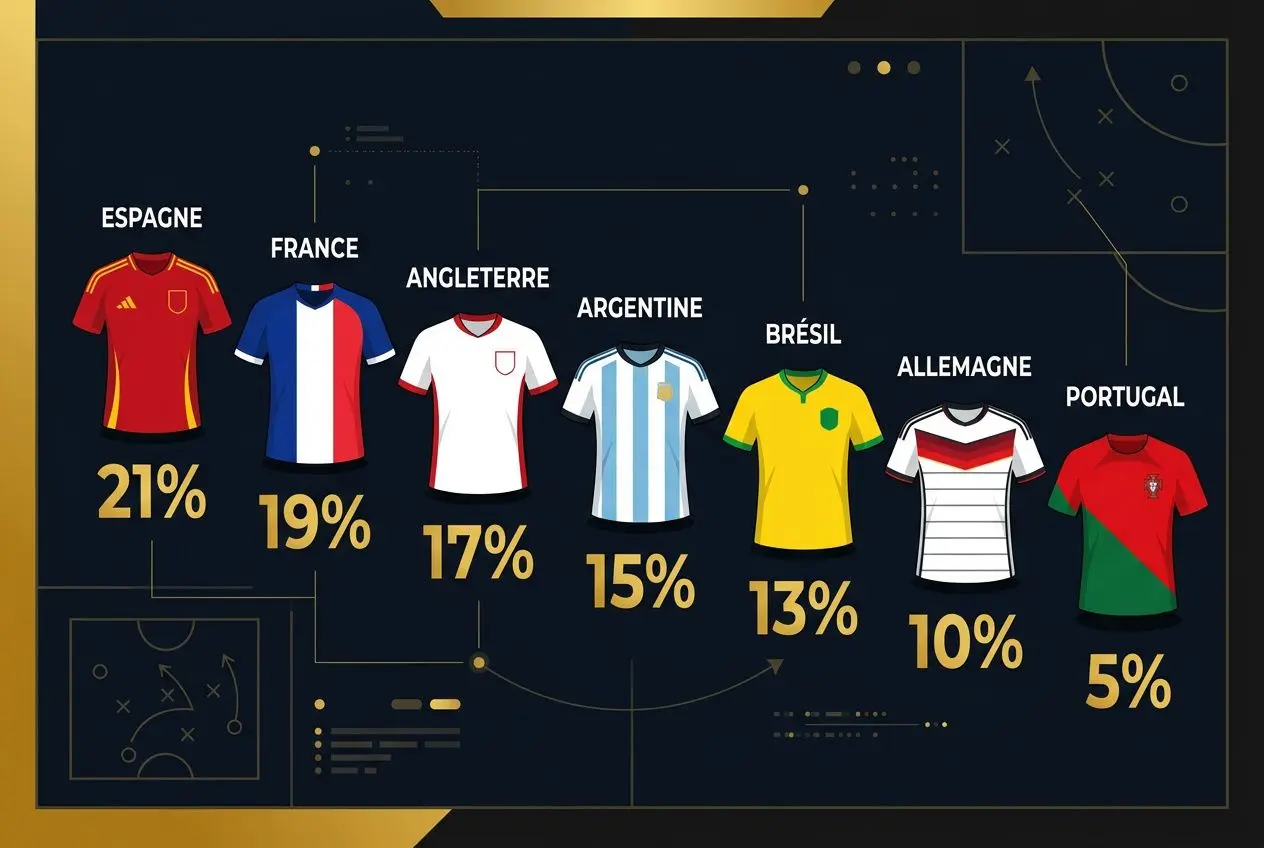 Pronostic coupe du monde 2026 tableau : simulateur et favoris affichant une série de maillots et pourcentages (Espagne 21 %, France 19 %, Angleterre 17 %, Argentine 15 %, Brésil 13 %, Allemagne 10 %, Portugal 5 %).