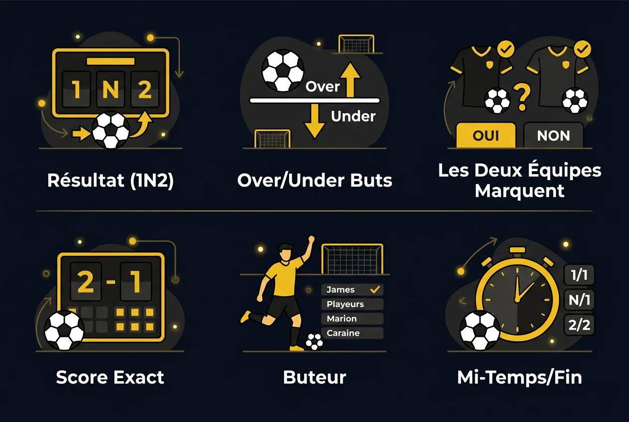 Pronostics du jour football : illustration de six icônes sportives (score, Over/Under, équipes qui marquent, score exact, buteur, mi-temps/fin).