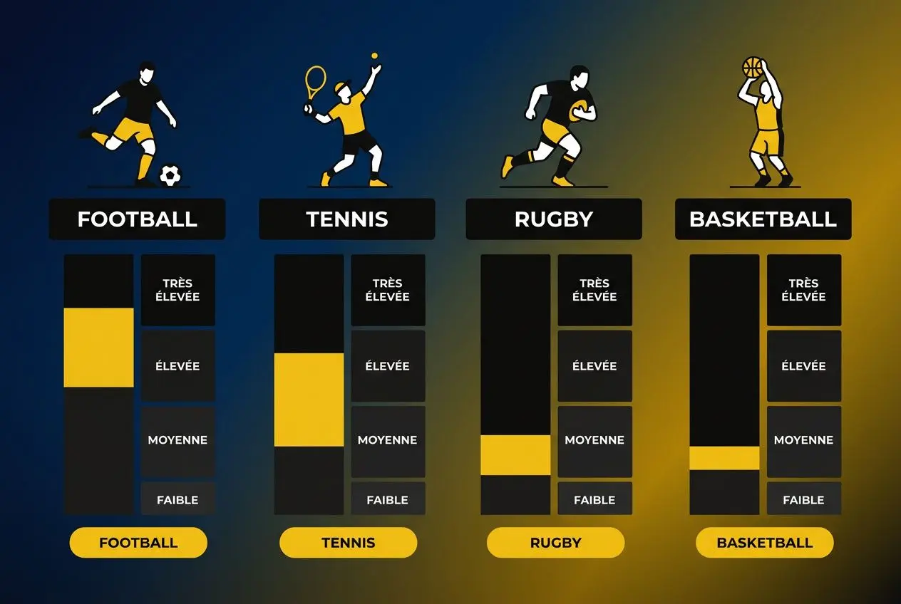 Quatre panneaux illustrant des sports: football, tennis, rugby et basketball, chacun avec une jauge de niveaux et une barre jaune indiquant le niveau, sur fond dégradé bleu‑jaune. texte: "FOOTBALL", "TENNIS", "RUGBY", "BASKETBALL" et bas de chaque panneau bouton jaune. Intègre: meilleur pronostiqueur paris sportifs.