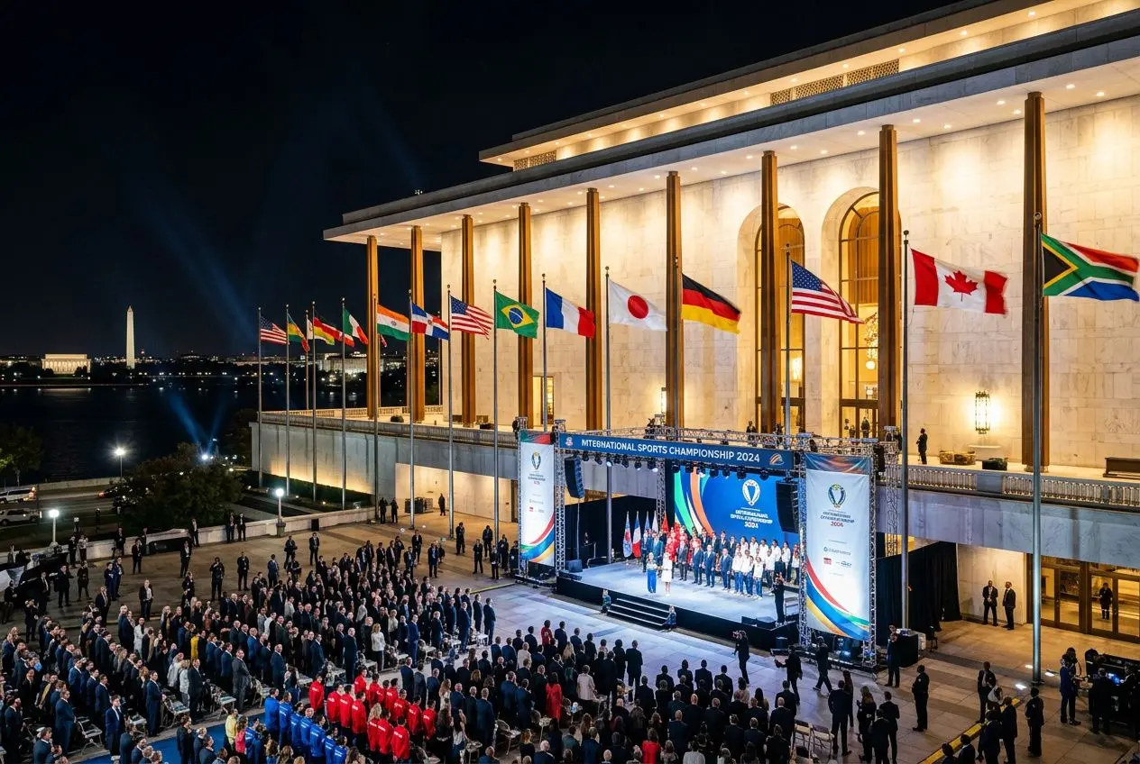 Remise de trophée sur scène devant un bâtiment monumental, banderoles et drapeaux internationaux, cérémonie nocturne et foule réunie. Intègre le thème groupes coupe du monde 2026 foot.