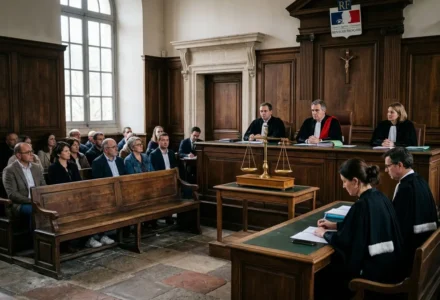 Salle d’audience en justice: des avocats et juges siègent, parieur gagnant 400 000 euros sur Winamax évoqué.