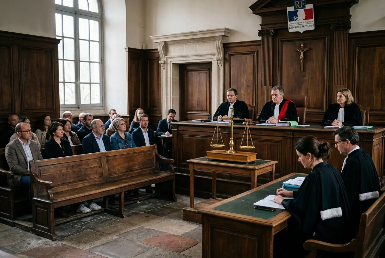 Salle d’audience en justice: des avocats et juges siègent, parieur gagnant 400 000 euros sur Winamax évoqué.