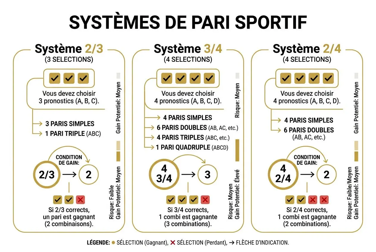 Schéma illustrant des systèmes de pari sportif (2/3, 3/4, 2/4) pour optimiser les mises et les gains potentiels. Qu'est-ce que la méthode 1 3 2 6, expliquée via des choix de pronostics et paliers de progression.