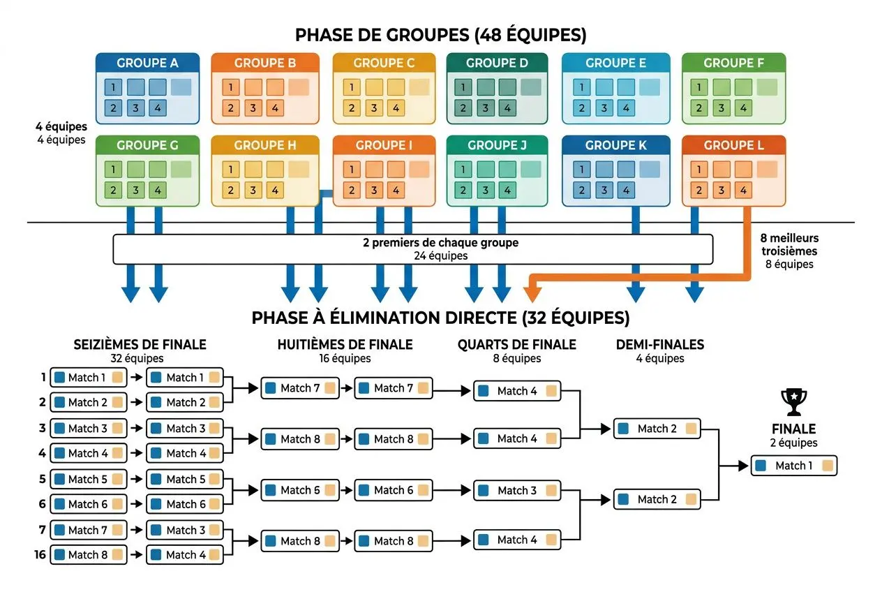 Schéma du phase de groupes 48 équipes montrant les groupes A à L et le chemin vers les phases à élimination directe.