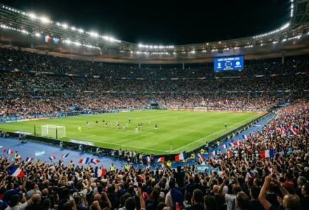 Stade comble lors d’un match de football, tribunes pleines de drapeaux bleus, blancs et rouges, vue aérienne du terrain et du bord. pronostic coupe du monde 2026 vainqueur intégré naturellement.