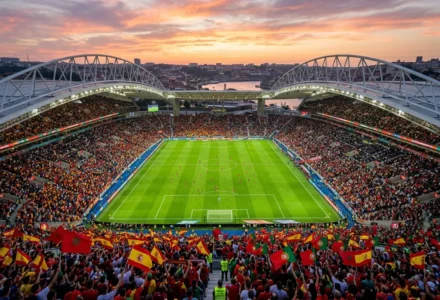 Stade de football bondé lors d’un match, tribunes colorées et drapeaux, coucher de soleil sur la ville; réflexion sur quel pays organise la coupe du monde 2030.