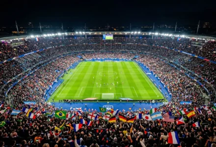 Stade de football rempli lors d’un match, vue aérienne en soirée avec des milliers de spectateurs et des drapeaux nationaux autour du terrain. intégration: classement qualifications coupe du monde 2026, scène sportive internationale.