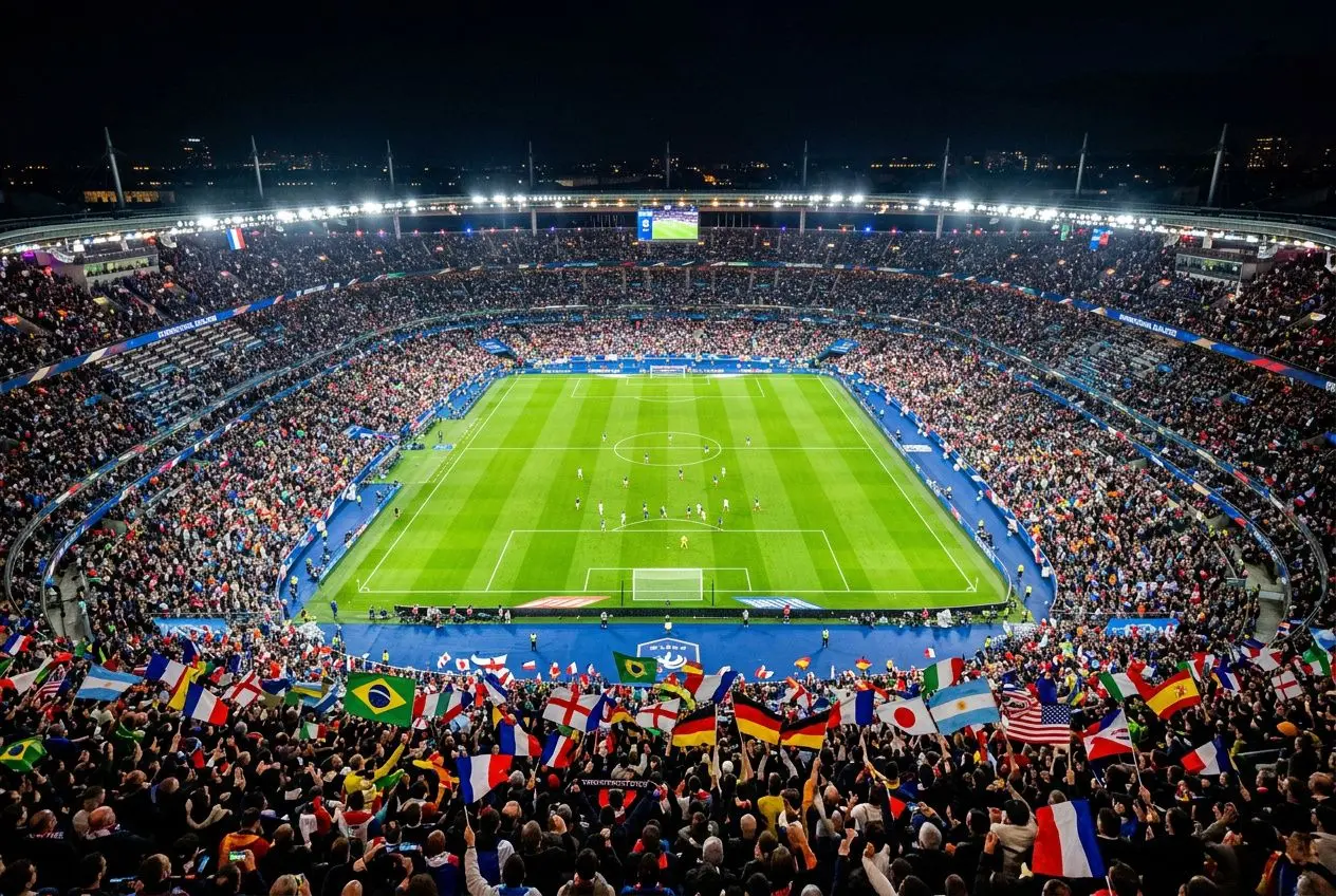 Stade de football rempli lors d’un match, vue aérienne en soirée avec des milliers de spectateurs et des drapeaux nationaux autour du terrain. intégration: classement qualifications coupe du monde 2026, scène sportive internationale.