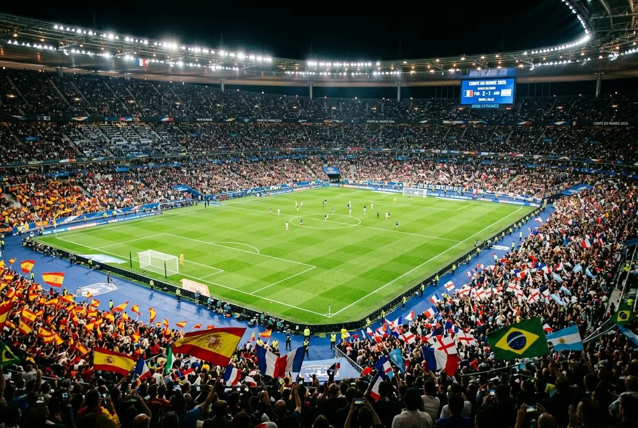 Stade de football rempli de supporters lors d’un match nocturne, vue aérienne du terrain et des drapeaux du monde entier. qui va gagner la coupe du monde 2026