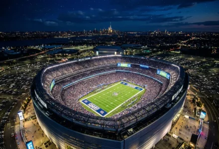 Stade de grande capacité éclairé nocturne, vue aérienne montrant le terrain de football et les tribunes remplies dans le cadre des groupes coupe du monde 2026 football.