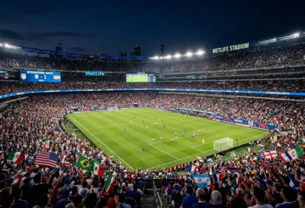 Stade MetLife animé lors d’un match international, tribunes pleines et drapeaux du monde entier autour du terrain de football. ia prédiction coupe du monde 2026 intégré naturellement.