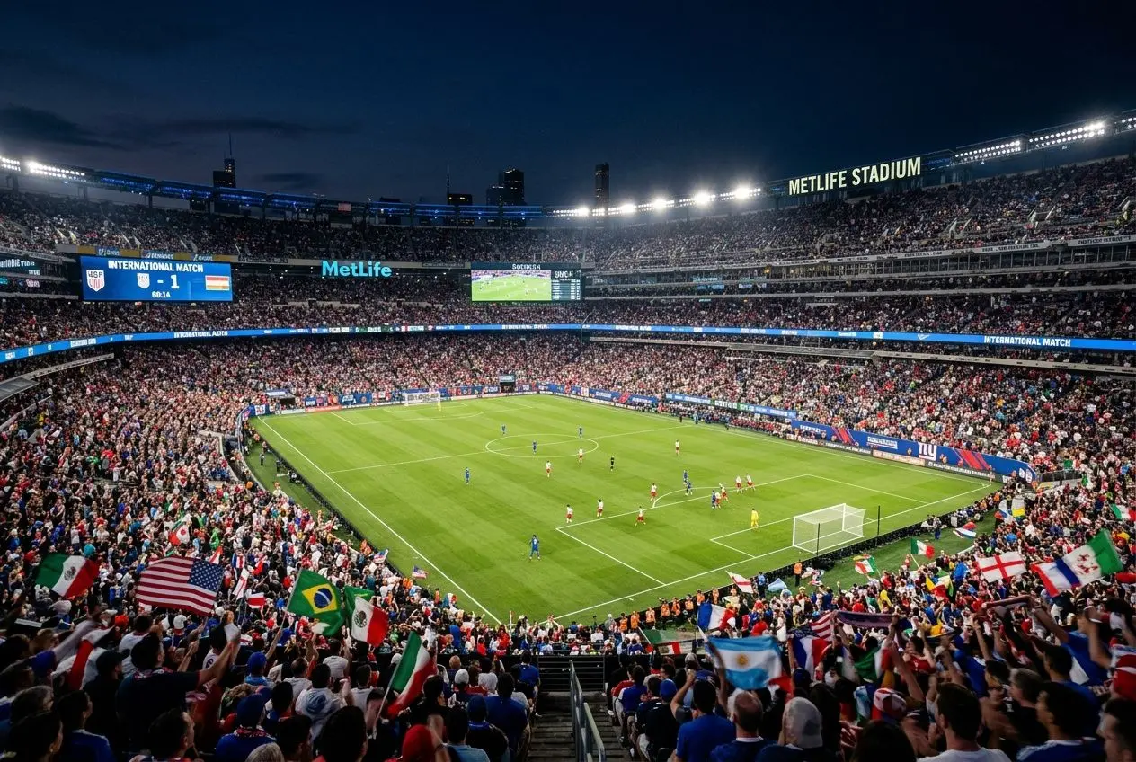 Stade MetLife animé lors d’un match international, tribunes pleines et drapeaux du monde entier autour du terrain de football. ia prédiction coupe du monde 2026 intégré naturellement.