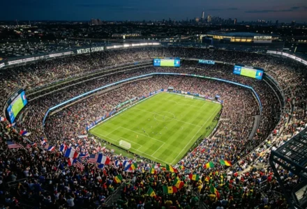 Stade MetLife éclairé à la tombée de la nuit, foule dense avec drapeaux, vue panoramique du terrain de football. france sénégal composition probable intégrée.