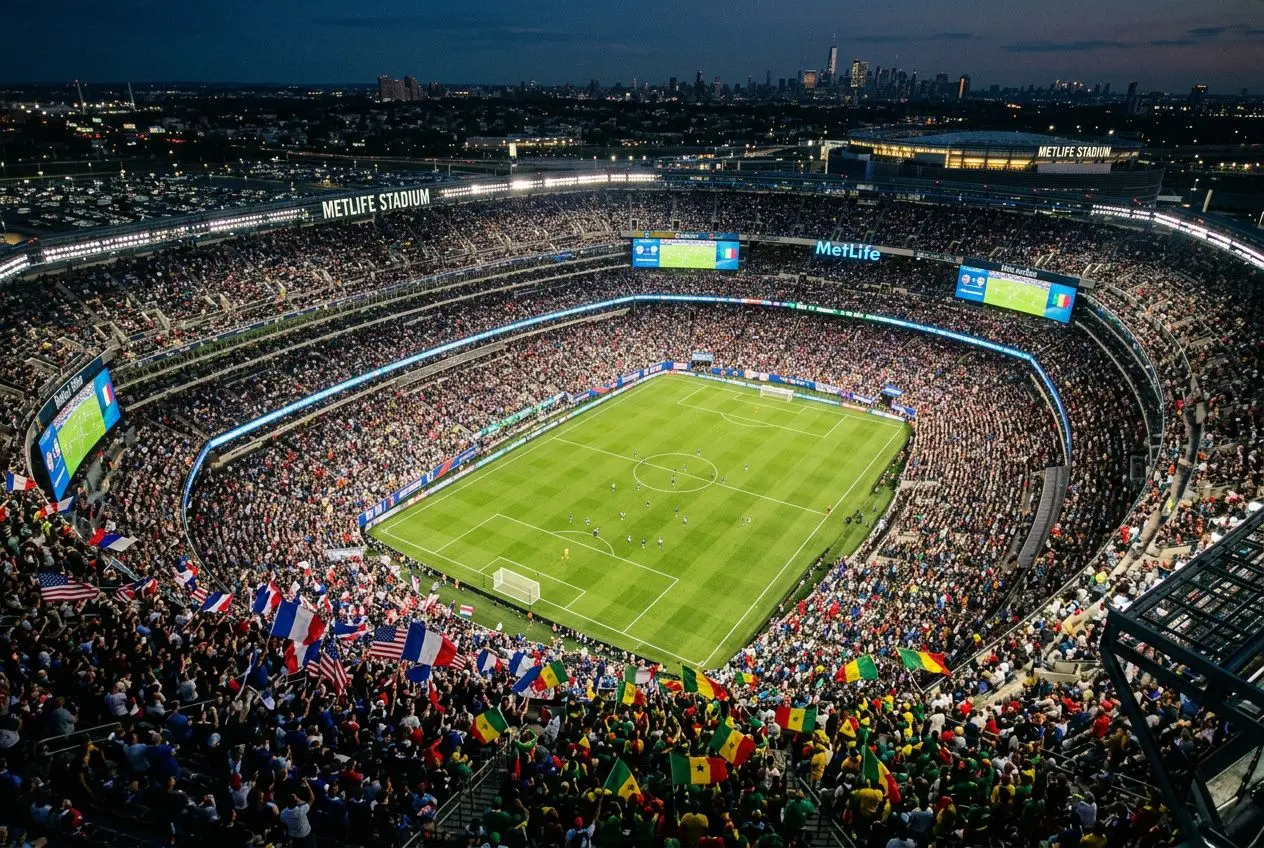 Stade MetLife éclairé à la tombée de la nuit, foule dense avec drapeaux, vue panoramique du terrain de football. france sénégal composition probable intégrée.