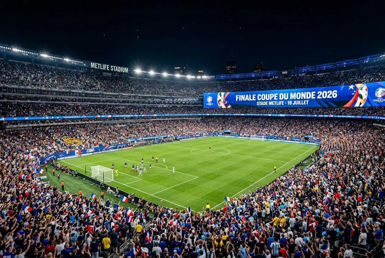 Stade MetLife rempli lors de la finale de la Coupe du Monde 2026, fans dans les tribunes et affiche « Finale Coupe du Monde 2026 ». prédiction coupe du monde 2026 jeu intégrée naturellement.