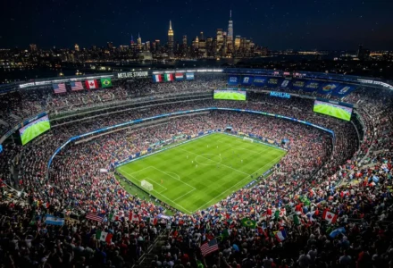 Stade MetLife rempli pour un match nocturne de football, vue aérienne sur le terrain verts et les tribunes bondées, États-Unis et drapeaux du monde en drapeaux. Alt: classement coupe du monde de football 2026 intégré naturellement? Wait instruction: integrate keyword into description. So include "classement coupe du monde de football 2026" naturally. But must reflect image: stadium, crowd. We'll craft: "Vue aérienne du MetLife Stadium bondé lors d’un match nocturne, célébrations et drapeaux mondiaux; présentation du classement coupe du monde de football 2026." Keep under 125 chars. Let's count: "Vue aérienne du MetLife Stadium bondé lors d’un match nocturne, foules et drapeaux du monde; classement coupe du monde de football 2026." That's long. We'll finalize. Vue aérienne du MetLife Stadium bondé lors d’un match nocturne, foules et drapeaux du monde; classement coupe du monde de football 2026.