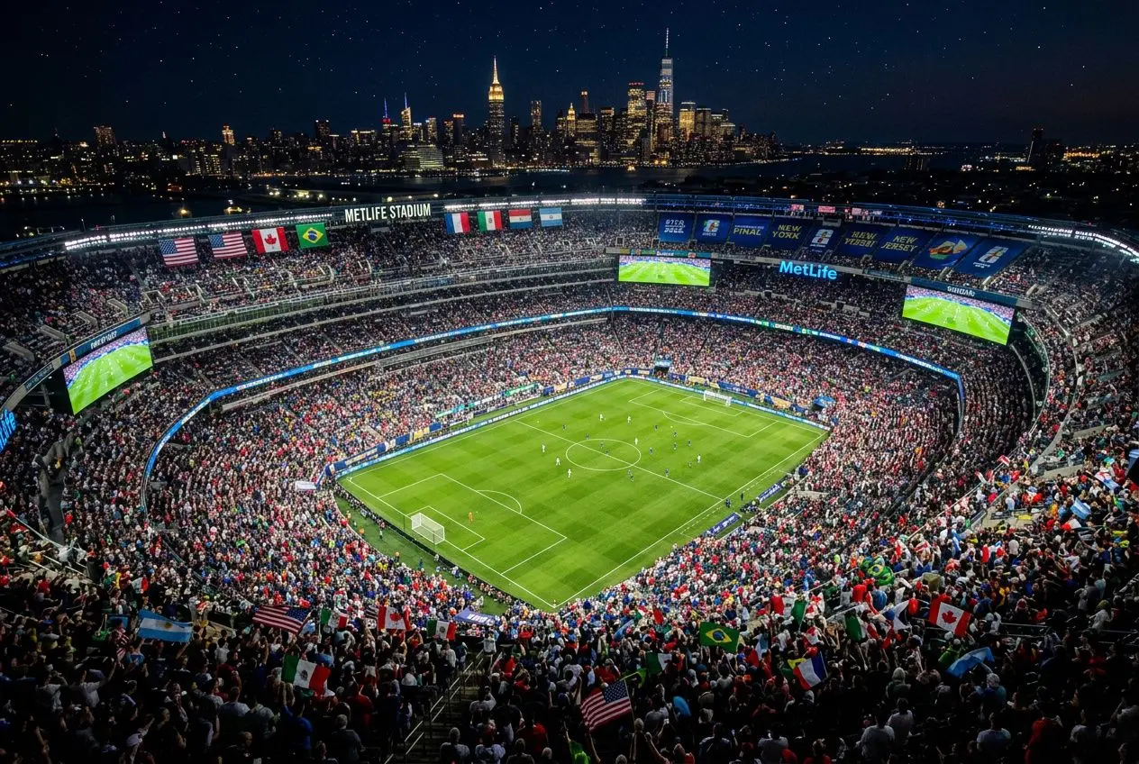Stade MetLife rempli pour un match nocturne de football, vue aérienne sur le terrain verts et les tribunes bondées, États-Unis et drapeaux du monde en drapeaux. Alt: classement coupe du monde de football 2026 intégré naturellement? Wait instruction: integrate keyword into description. So include "classement coupe du monde de football 2026" naturally. But must reflect image: stadium, crowd. We'll craft: "Vue aérienne du MetLife Stadium bondé lors d’un match nocturne, célébrations et drapeaux mondiaux; présentation du classement coupe du monde de football 2026." Keep under 125 chars. Let's count: "Vue aérienne du MetLife Stadium bondé lors d’un match nocturne, foules et drapeaux du monde; classement coupe du monde de football 2026." That's long. We'll finalize. Vue aérienne du MetLife Stadium bondé lors d’un match nocturne, foules et drapeaux du monde; classement coupe du monde de football 2026.