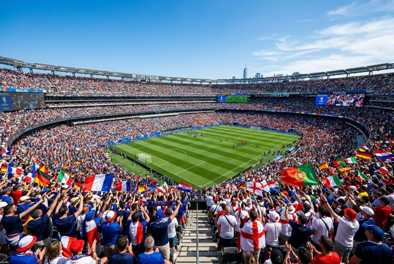 Stade moderne bondé de supporters en tribunes, terrain vert au centre et ambiance festive européenne.