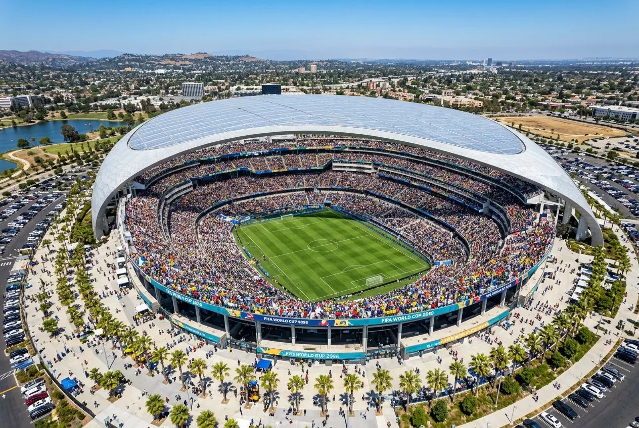Stade moderne plein lors d’un match de qualification coupe du monde 2026, ambiance animée et tribunes bondées autour d’un terrain vert. Qualification coupe du monde 2026 prediction intégrée discrètement.
