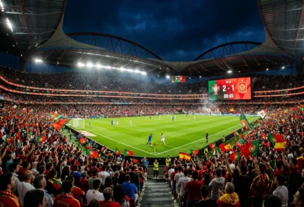 Stade plein de fans agitant des drapeaux, match de football en cours sous les lumières, ambiance de Coupe du monde. Couverture visuelle pour "coupe du monde 2026 format nouveau" avec le contexte du tournoi annoncé.