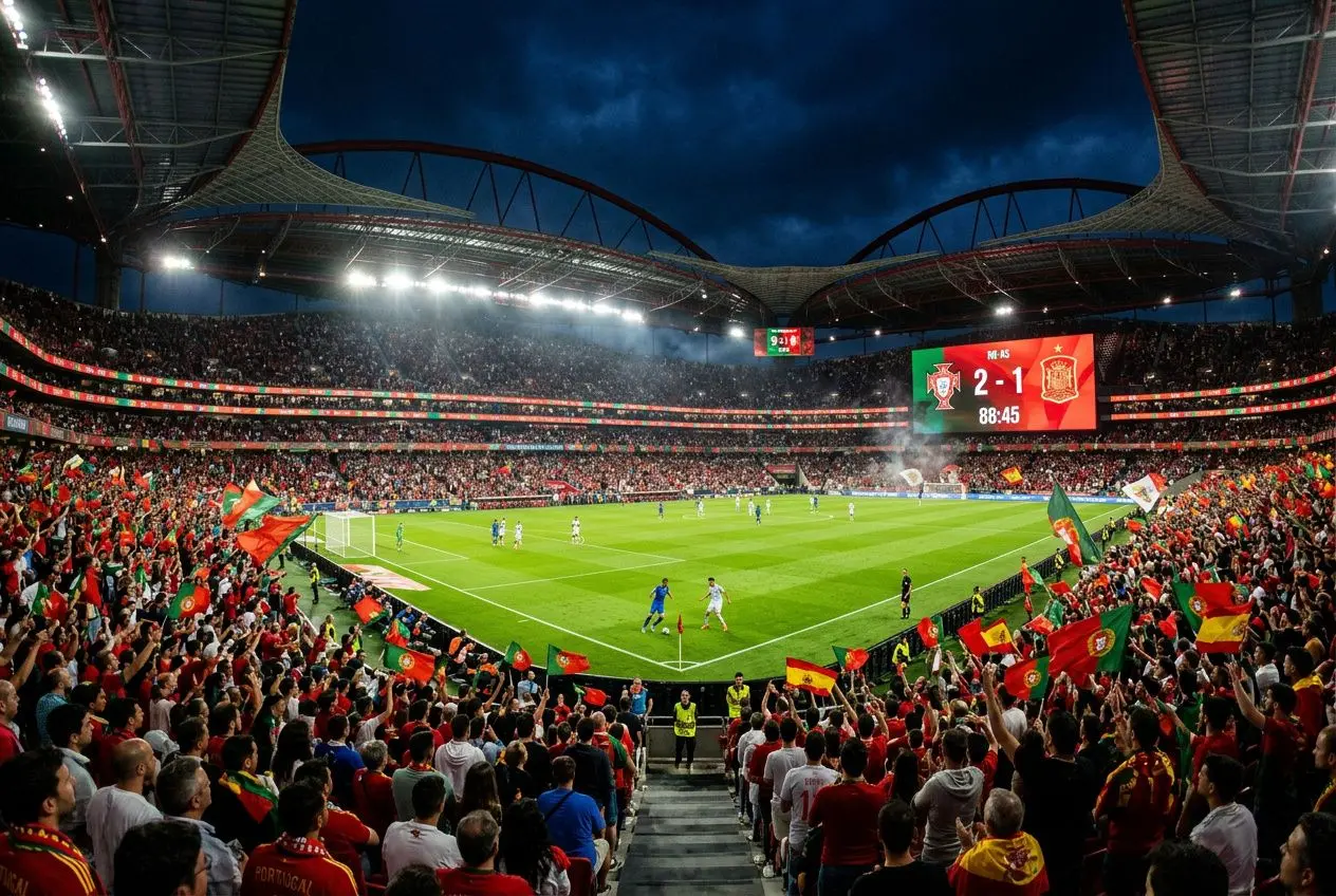 Stade plein de fans agitant des drapeaux, match de football en cours sous les lumières, ambiance de Coupe du monde. Couverture visuelle pour coupe du monde 2026 format nouveau avec le contexte du tournoi annoncé.