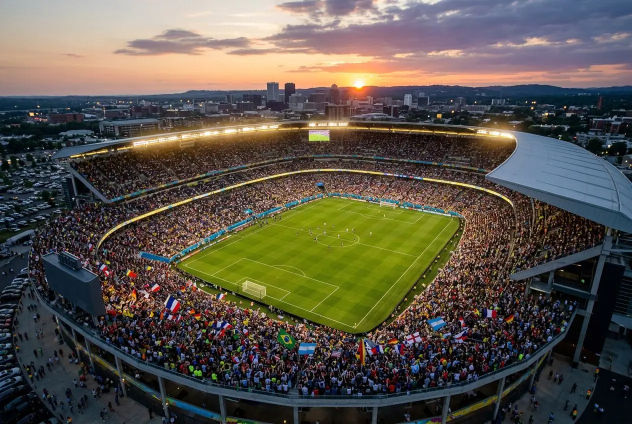 Stade rempli pour un match de football, ambiance nocturne et drapeaux country dans les tribunes, pronostic coupe du monde 2026 fifa, anticipation des favoris.