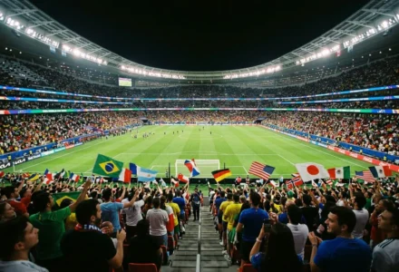 Stade rempli de supporters avec des drapeaux du Brésil, États-Unis, Japon et autres, pendant un match de qualification coupe du monde 2026 en nocturne.