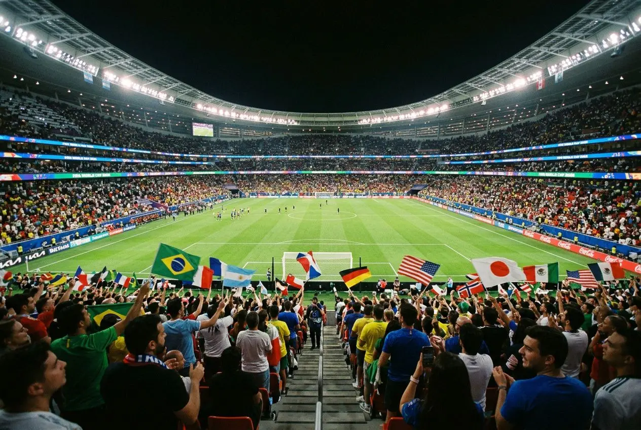 Stade rempli de supporters avec des drapeaux du Brésil, États-Unis, Japon et autres, pendant un match de qualification coupe du monde 2026 en nocturne.