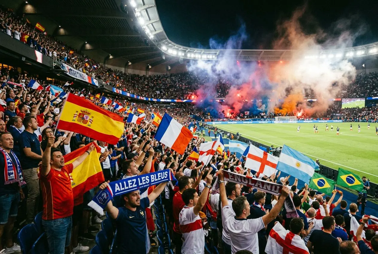 Supporters dans un stade, drapeaux nationaux et fumigènes colorés, ambiance festive lors d’un match international.