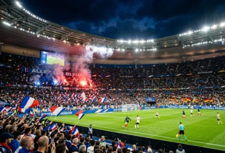 Supporters en tribune, drapeaux et fumigènes pendant un match de football en plein air dans un grand stade.