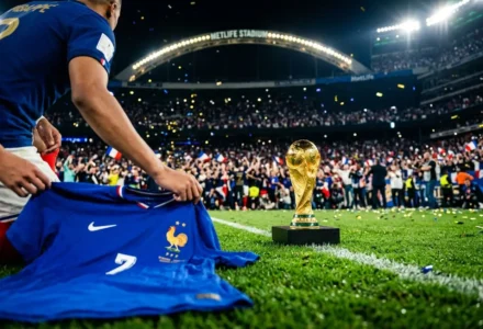 Supporteur français déployant le maillot bleu et préparant la coupe du monde 2026 sur le terrain. cote france vainqueur coupe du monde 2026 est évoqué.