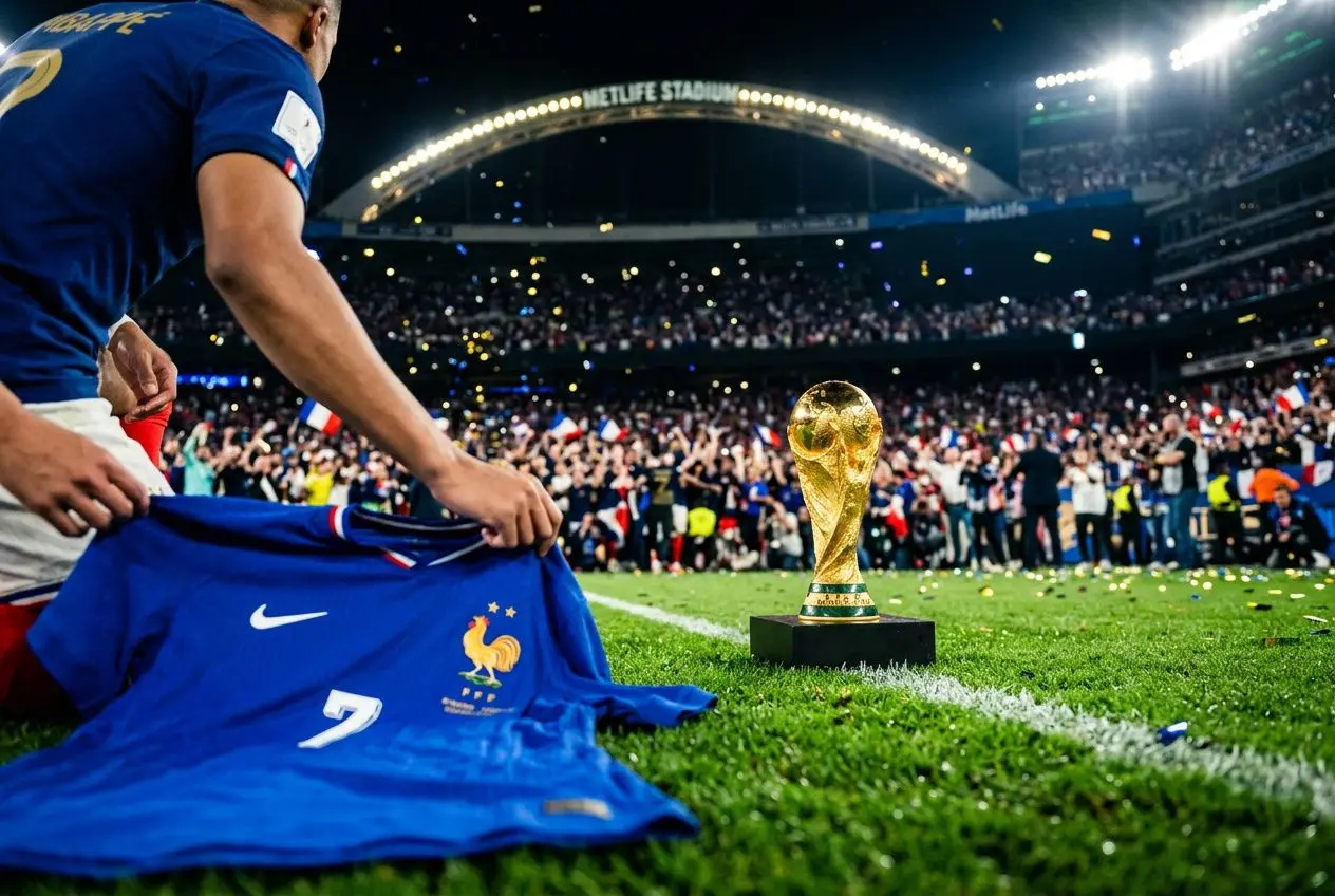 Supporteur français déployant le maillot bleu et préparant la coupe du monde 2026 sur le terrain. cote france vainqueur coupe du monde 2026 est évoqué.